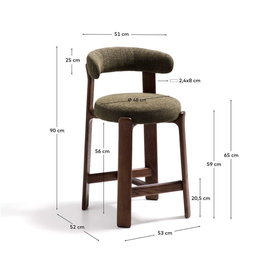 Tabouret Granite en tissu chenille verte et bois de frêne avec finition ton noyer FSC 100 % 65 cm