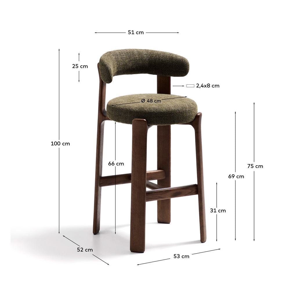 Tabouret Granite en tissu chenille verte et bois de frêne avec finition ton noyer FSC 100 % 75 cm