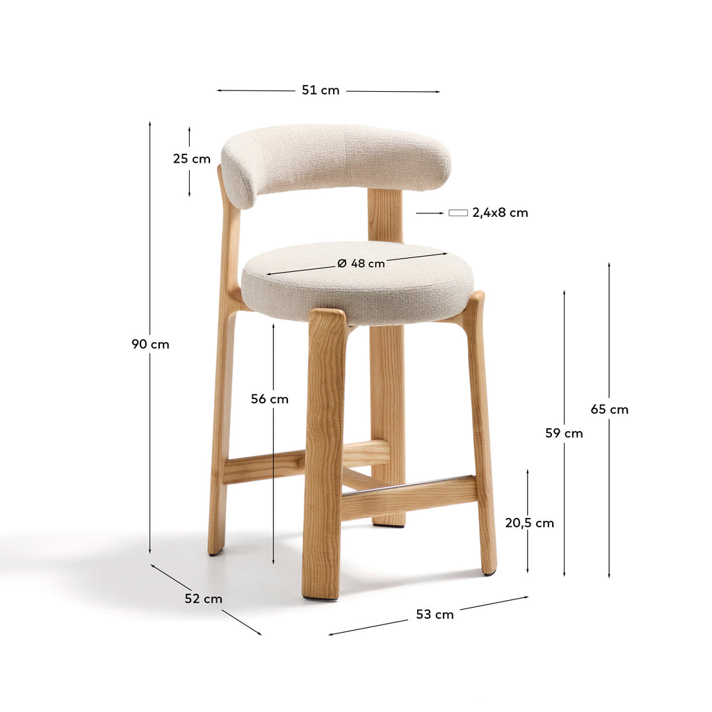 Granite stool in beige chenille and solid ash wood with natural tone finish FSC 100% 65cm