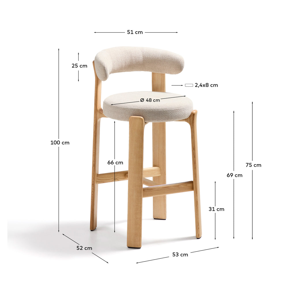 Tabouret Granite en tissu chenille beige et bois de frêne avec finition ton naturel FSC 100 % 75 cm
