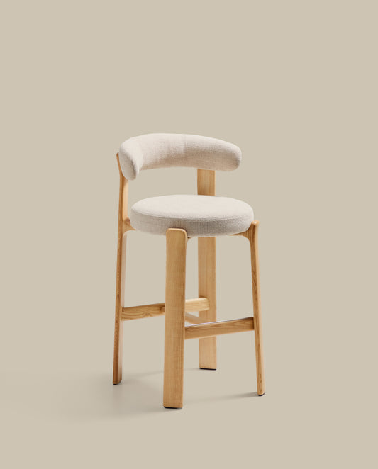 Tabouret Granite en tissu chenille beige et bois de frêne avec finition ton naturel FSC 100 % 75 cm
