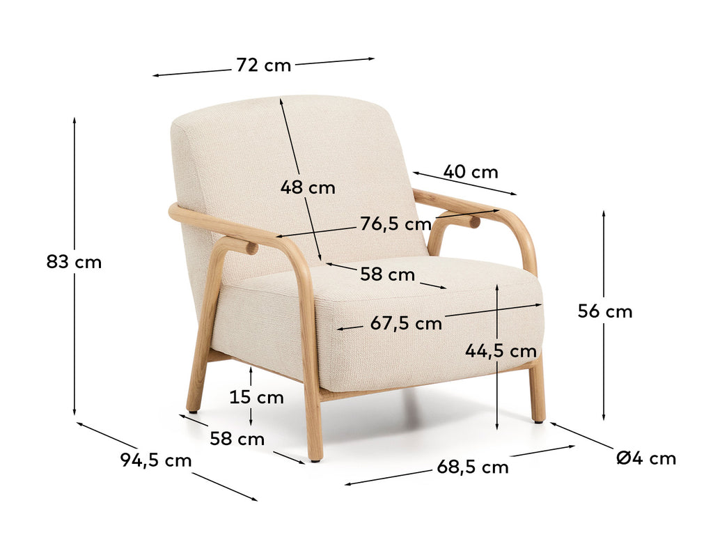 Sylo armchair in beige chenille and solid ash wood with natural-coloured finish FSC 100%