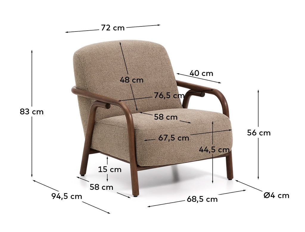 Fauteuil Sylo en tissu chenille taupe et bois de frêne avec finition ton noyer FSC 100 %