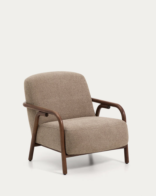 Fauteuil Sylo en tissu chenille taupe et bois de frêne avec finition ton noyer FSC 100 %