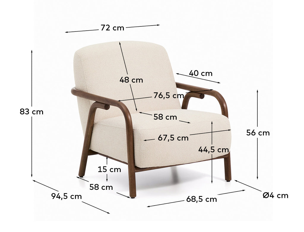 Fauteuil Sylo en tissu chenille beige et bois de frêne avec finition ton noyer FSC 100 %