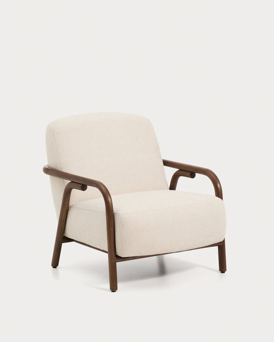 Fauteuil Sylo en tissu chenille beige et bois de frêne avec finition ton noyer FSC 100 %