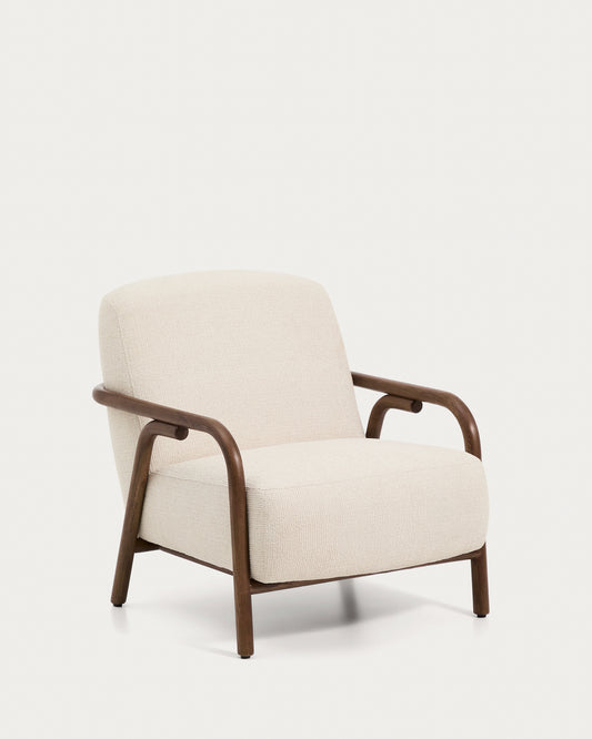 Fauteuil Sylo en tissu chenille beige et bois de frêne avec finition ton noyer FSC 100 %