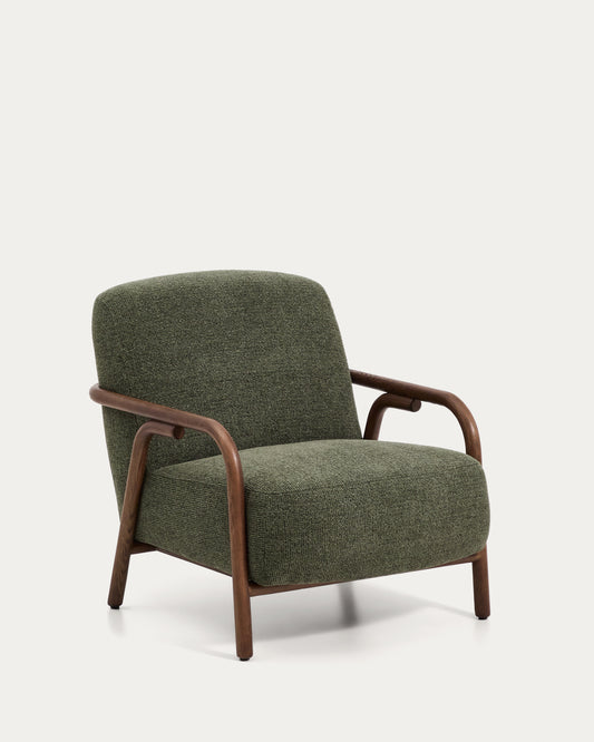 Fauteuil Sylo en tissu chenille vert foncé et bois de frêne avec finition ton noyer FSC 100 %