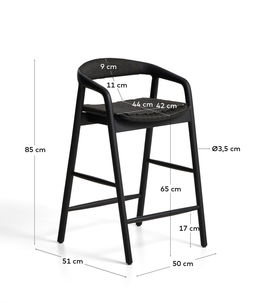 Derile stool in solid oak wood with black finish and black paper rope cord FSC Mix Credit 65cm
