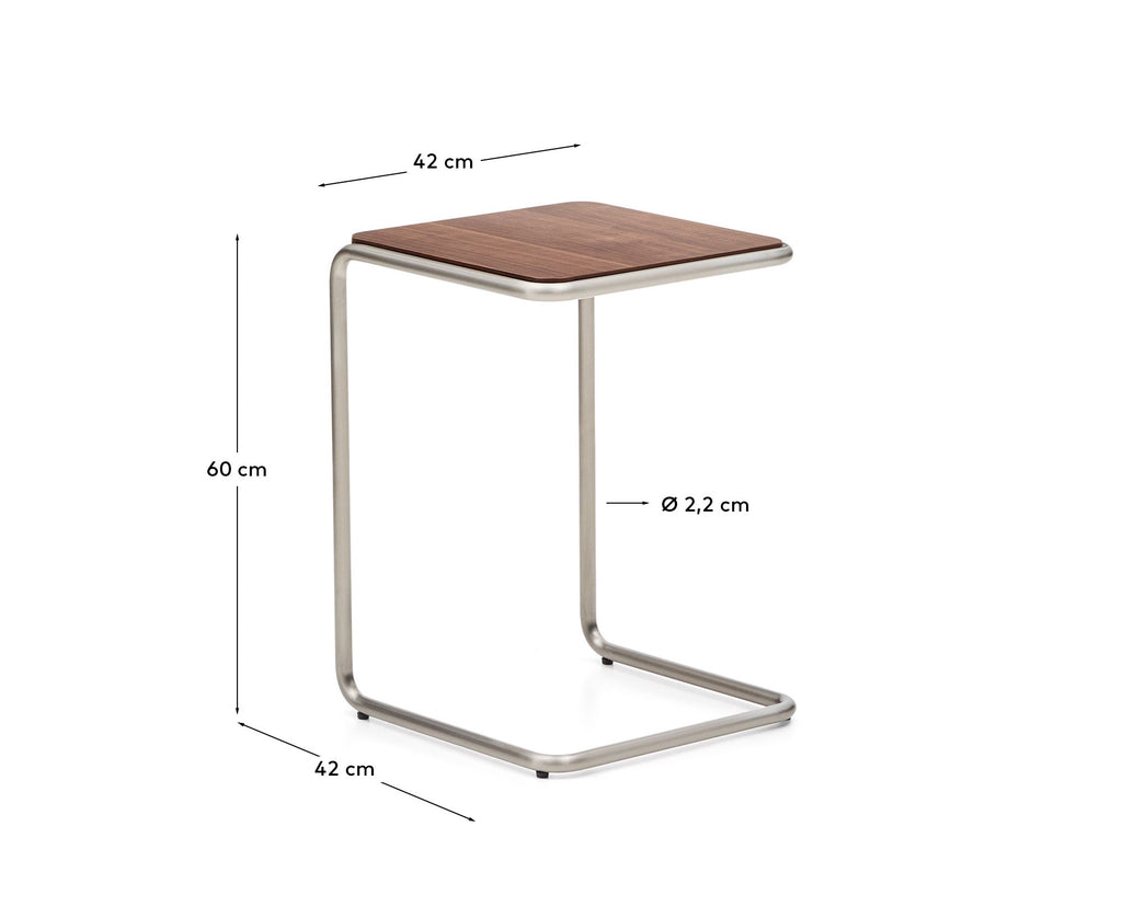Table auxiliaire Tarsel en placage de noyer avec structure en acier inoxydable brossé 42 x 60 cm