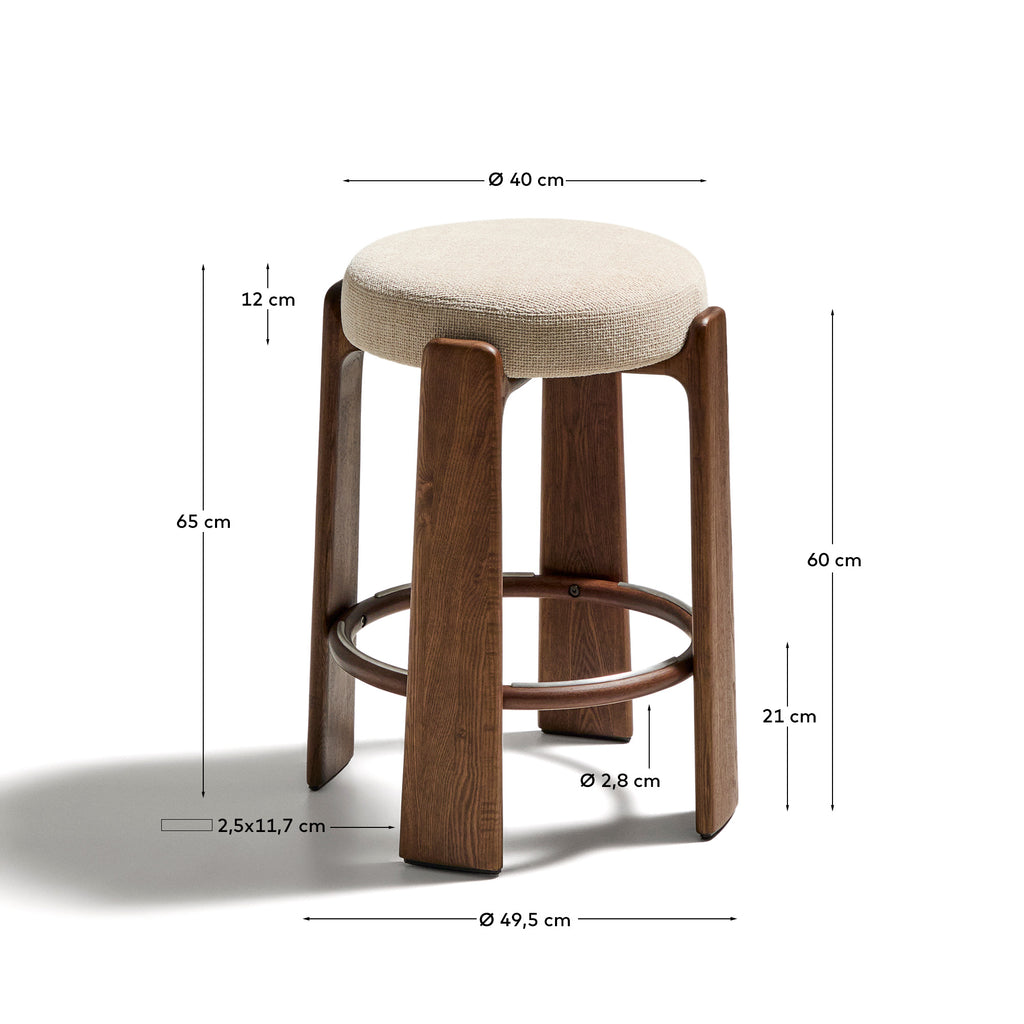 Tabouret Granite version ignifugée en chenille beige et bois de frêne finition ton noyer FSC 100 % 65 cm