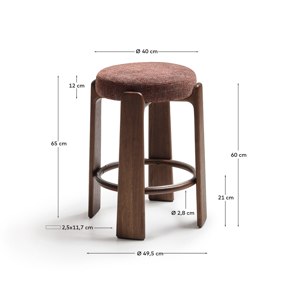 Granite fire-retardant stool in brown chenille and solid ash wood with walnut-coloured finish FSC 100% 65cm