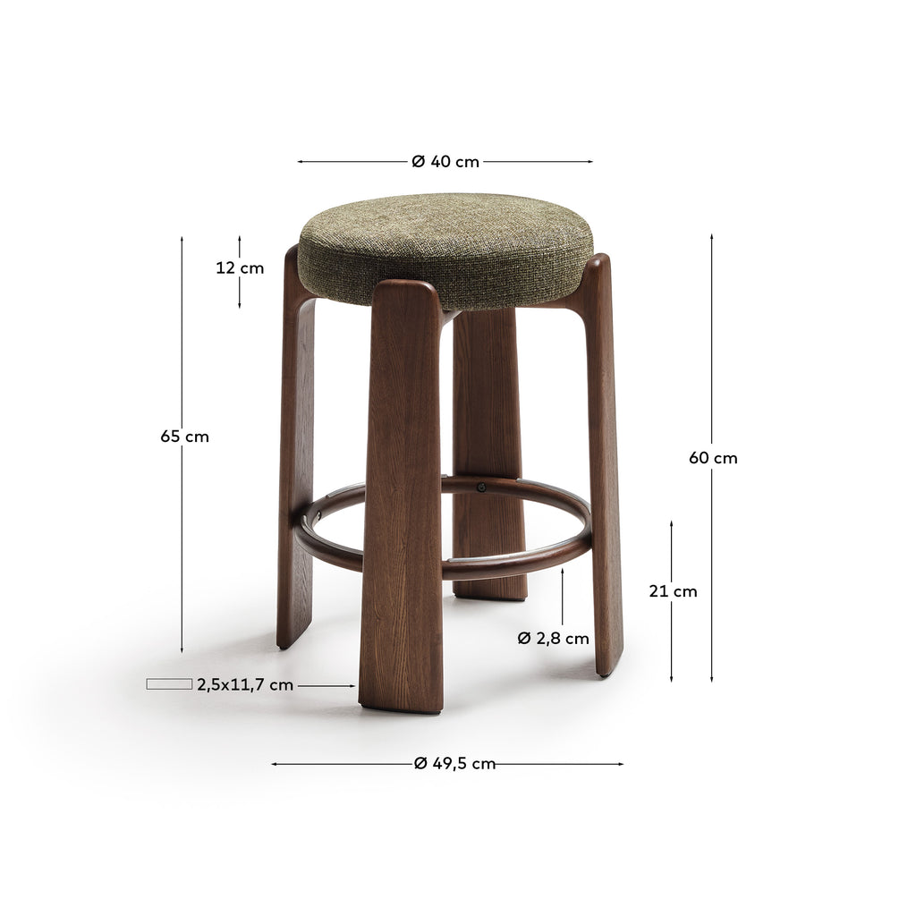 Tabouret Granite version ignifugée en chenille verte et bois de frêne finition ton noyer FSC 100 % 65 cm