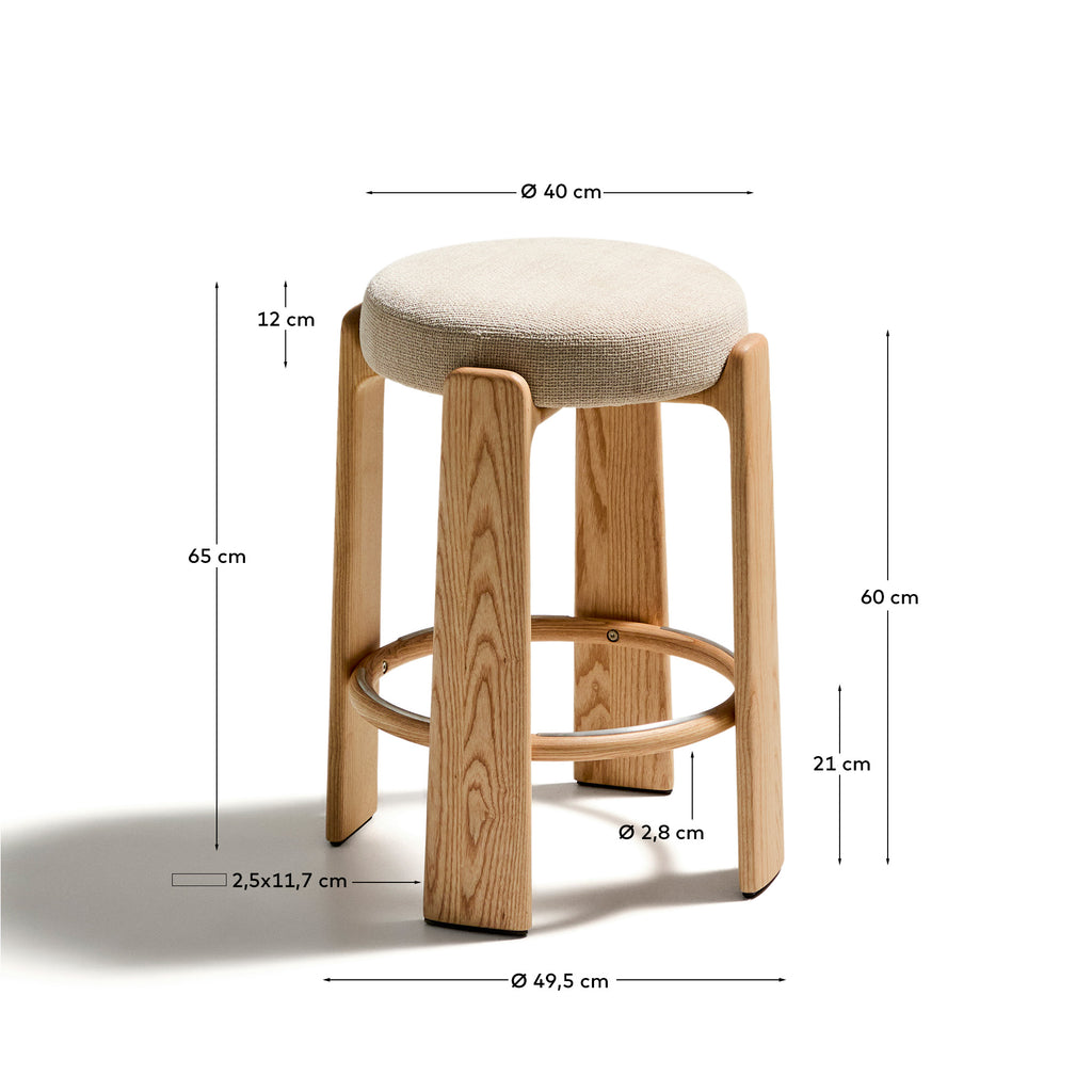 Tabouret Granite version ignifugée en chenille beige et bois de frêne finition ton naturel FSC 100 % 65 cm