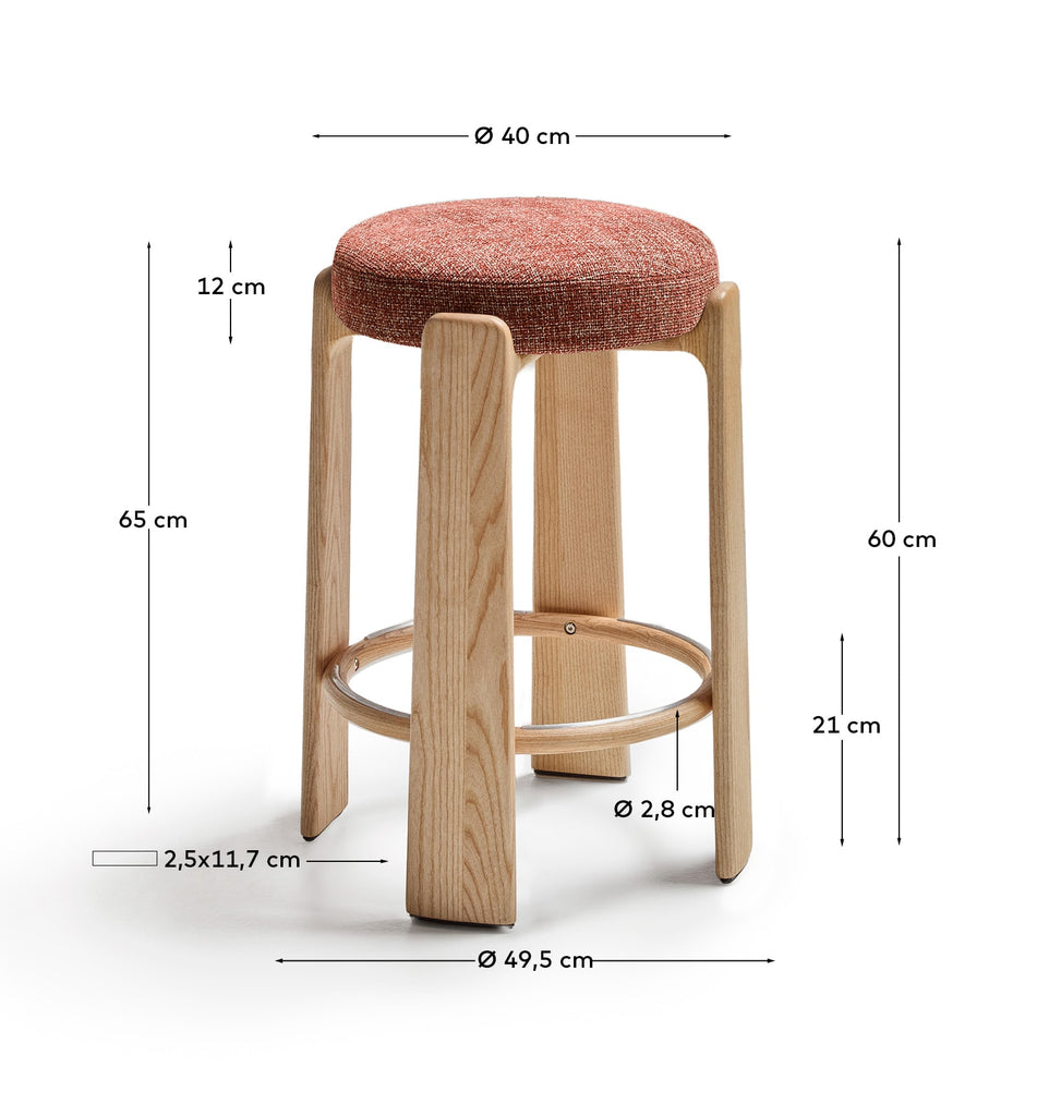 Tabouret Granite version ignifugée en chenille terracotta et bois de frêne finition ton naturel FSC 100 % 65 cm