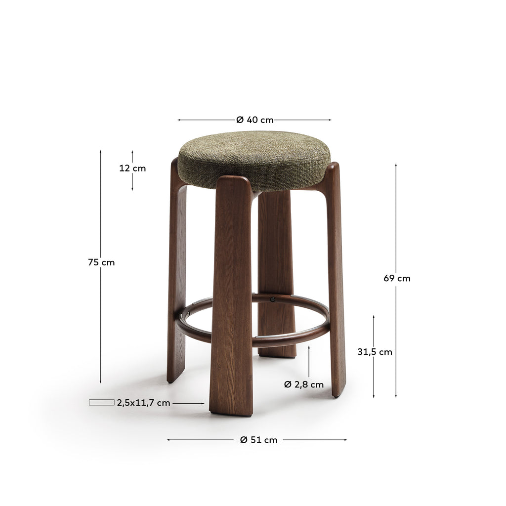 Tabouret Granite version ignifugée en chenille verte et bois de frêne finition ton noyer FSC 100 % 75 cm
