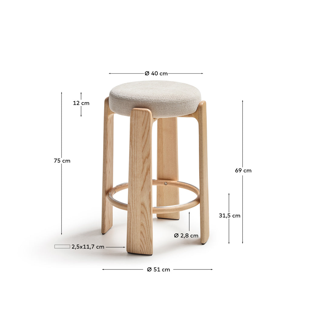 Tabouret Granite version ignifugée en chenille beige et bois de frêne finition ton naturel FSC 100 % 75 cm