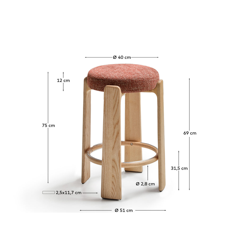 Tabouret Granite version ignifugée en chenille terracotta et bois de frêne finition ton naturel FSC 100 % 75 cm