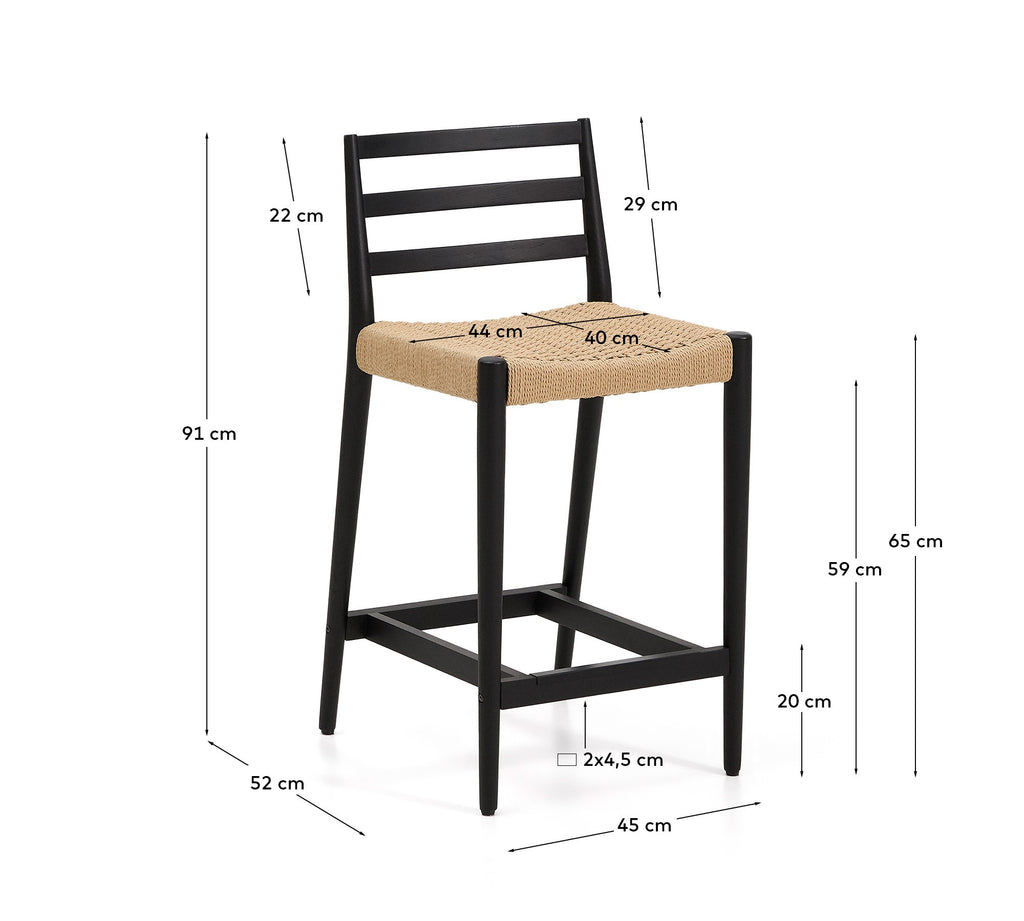 Tabouret Analy dossier en bois de chêne finition noire et assise en corde 65 cm FSC 100 %