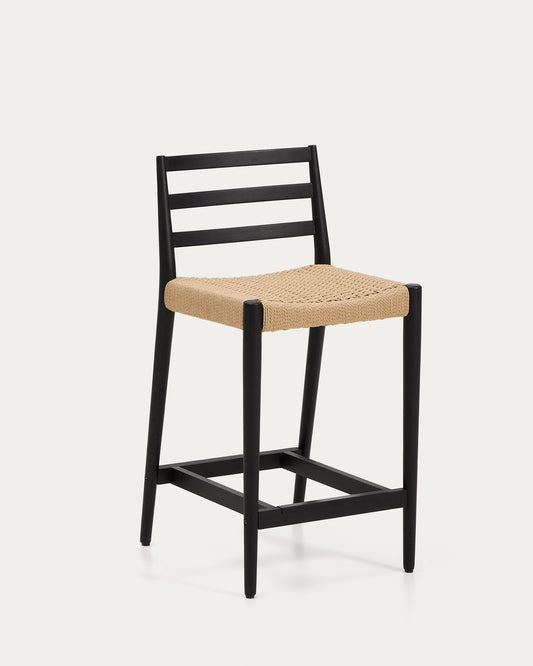 Tabouret Analy dossier en bois de chêne finition noire et assise en corde 65 cm FSC 100 %
