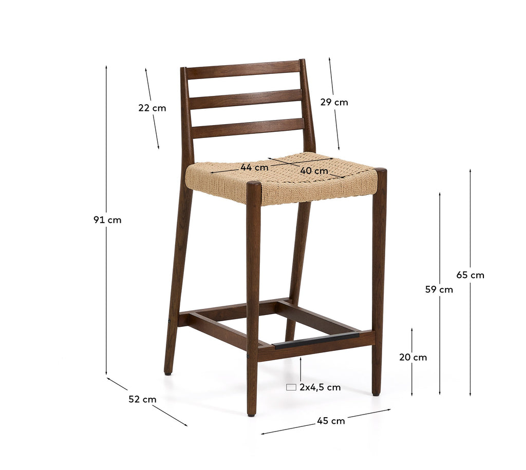 Tabouret Analy dossier en bois de chêne finition noyer et assise en corde, 65 cm, FSC 100 %