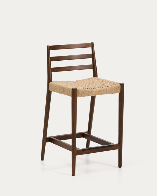 Tabouret Analy dossier en bois de chêne finition noyer et assise en corde, 65 cm, FSC 100 %