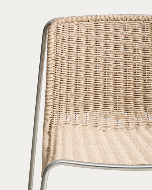 Tavari stackable chair in beige synthetic rope cord and AISI 304 stainless steel with brushed finish