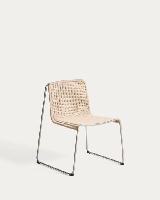 Tavari stackable chair in beige synthetic rope cord and AISI 304 stainless steel with brushed finish