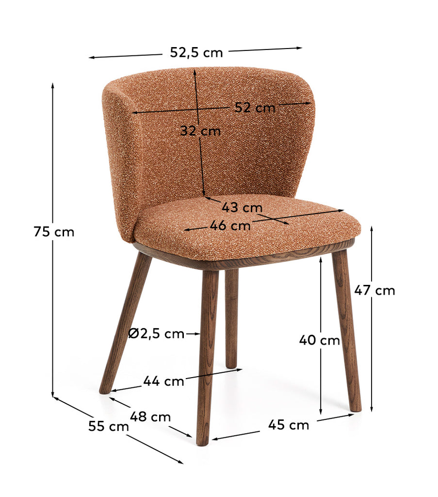 Chaise Ciselia en chenille épaisse terracotta et pieds en bois de frêne avec finition ton noyer FSC Mix Credit