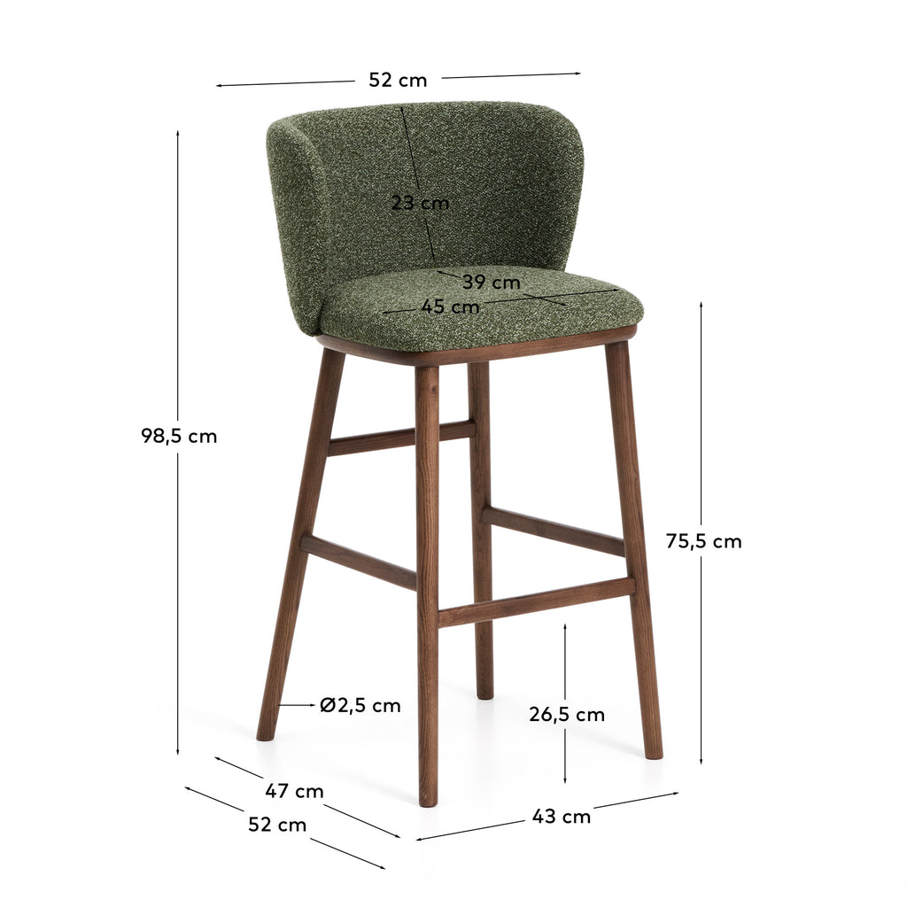 Tabouret Ciselia en chenille épaisse vert foncé et pieds en bois de frêne avec finition ton noyer FSC Mix Credit 75 cm