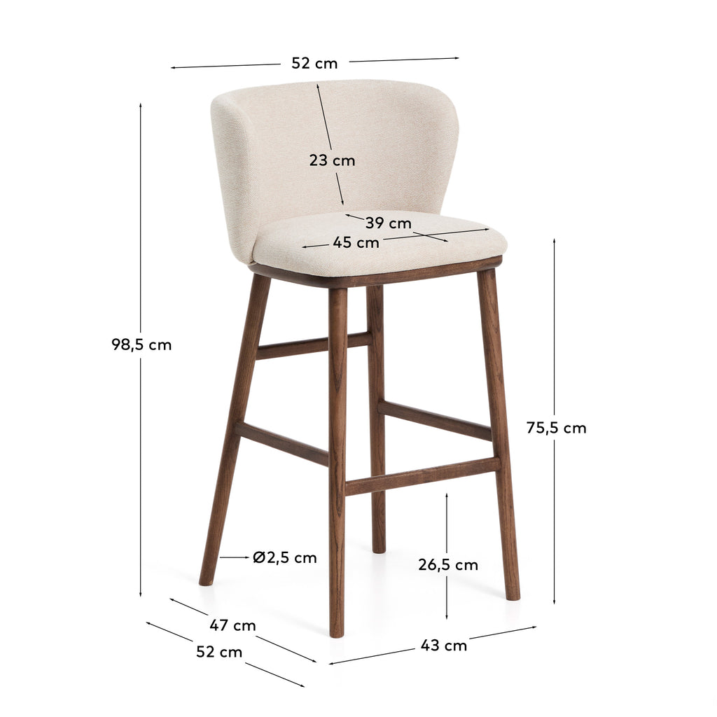 Tabouret Ciselia en chenille épaisse beige et pieds en bois de frêne avec finition ton noyer FSC Mix Credit 75 cm