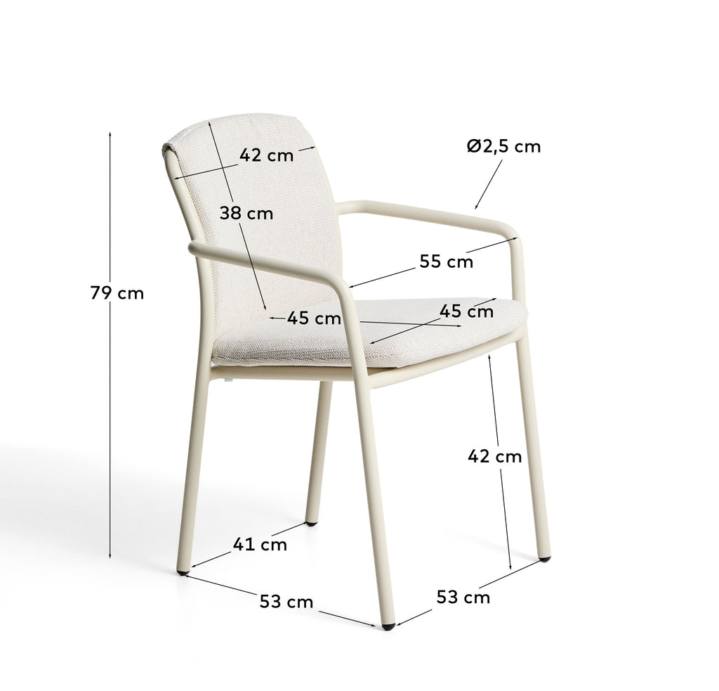 Chaise empilable d’extérieur Linosa en aluminium écru avec coussin beige