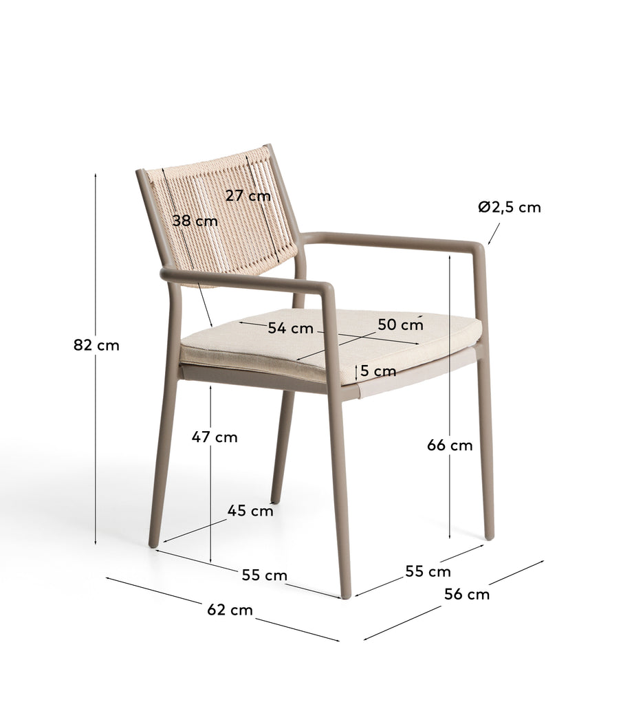 Chaise empilable d’extérieur Argasi en aluminium taupe et corde synthétique beige