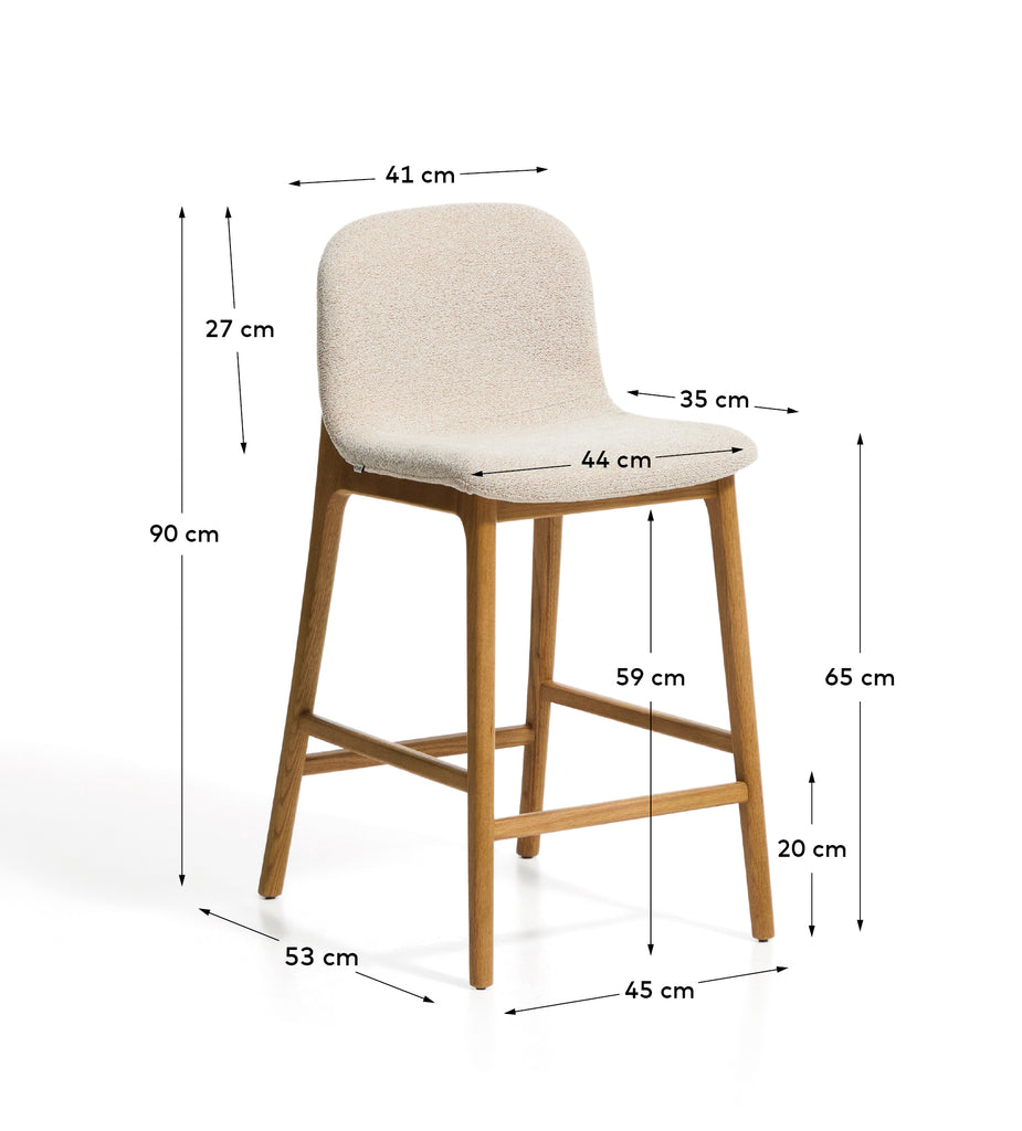 Elnor stool in beige chenille with solid oak wood legs in a natural finish 65cm