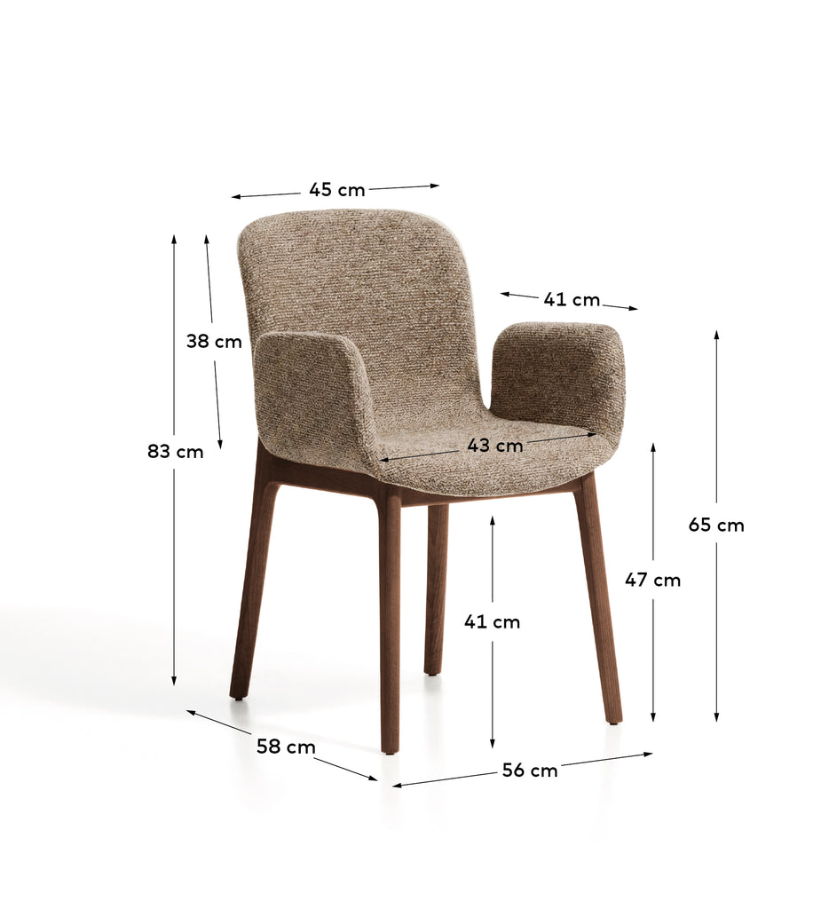 Elnor chair with armrests in brown chenille with solid oak wood legs in a walnut finish