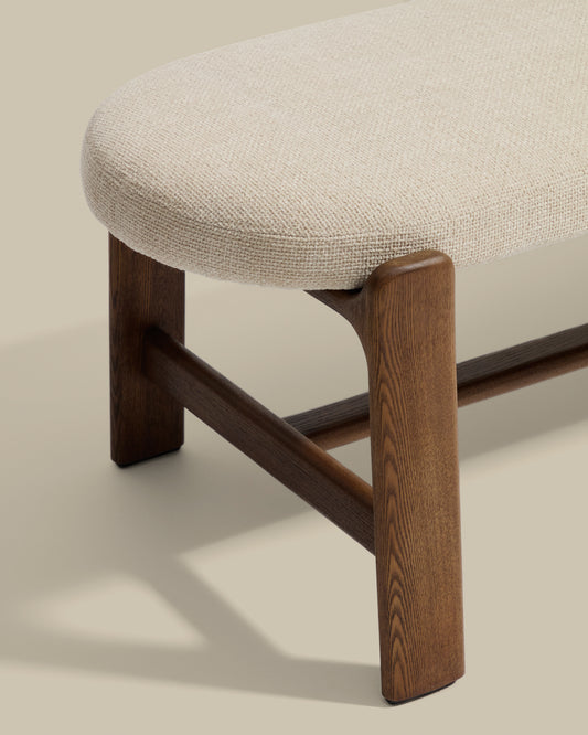 Granite bench in beige chenille and solid ash wood with walnut finish 120cm FSC 100%