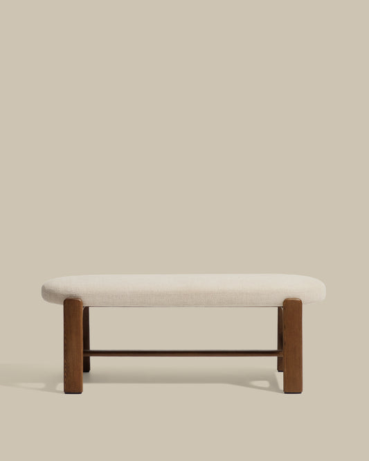 Granite bench in beige chenille and solid ash wood with walnut finish 120cm FSC 100%