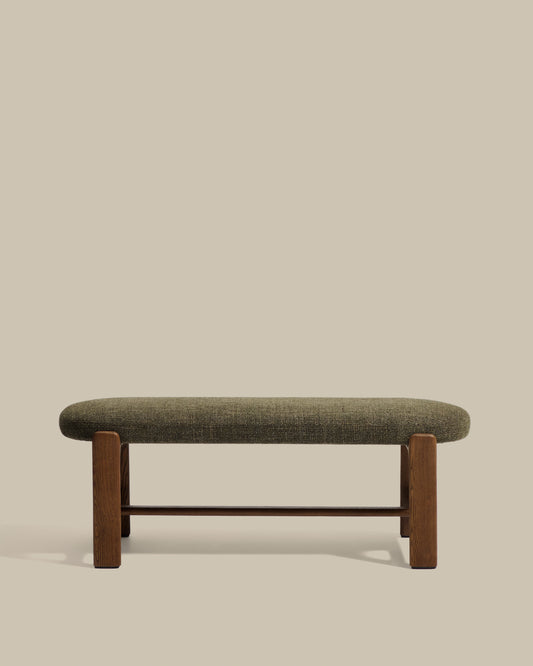 Granite bench in green chenille and solid ash wood with walnut finish 120cm FSC 100%
