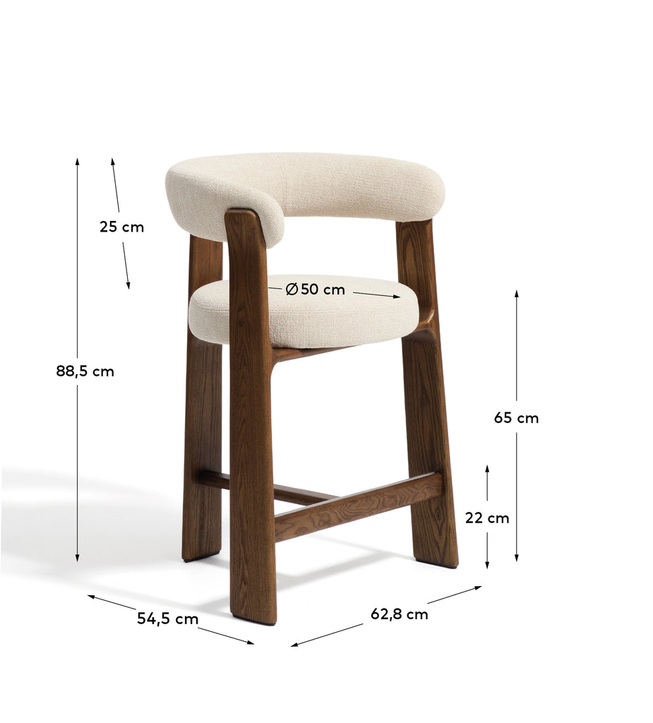 Granite stool with 3 legs in beige chenille and solid ash wood with walnut finish FSC 100% 65cm 