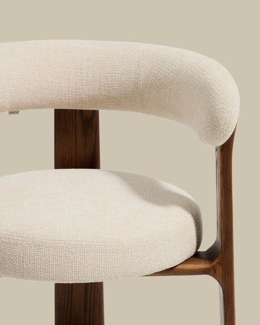 Granite stool with 3 legs in beige chenille and solid ash wood with walnut finish FSC 100% 65cm 
