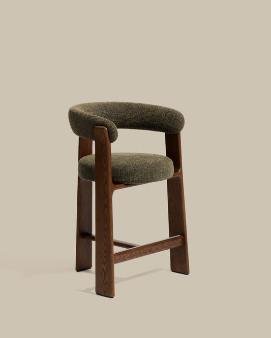 Granite stool with 3 legs in green chenille and solid ash wood with walnut finish FSC 100% 65cm. 