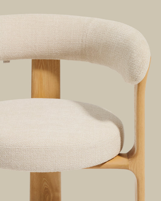 Granite stool with 3 legs in beige chenille and solid ash wood with natural finish FSC 100% 65cm. 