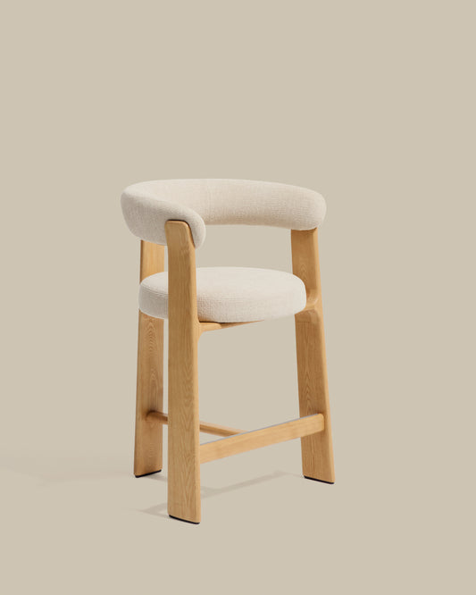 Granite stool with 3 legs in beige chenille and solid ash wood with natural finish FSC 100% 65cm. 