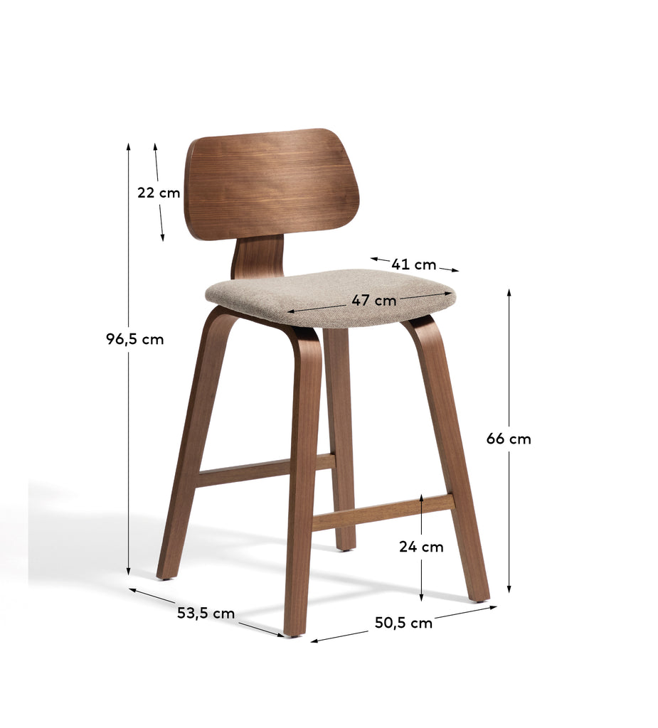 Gena stool in walnut veneer and beige chenille 65cm