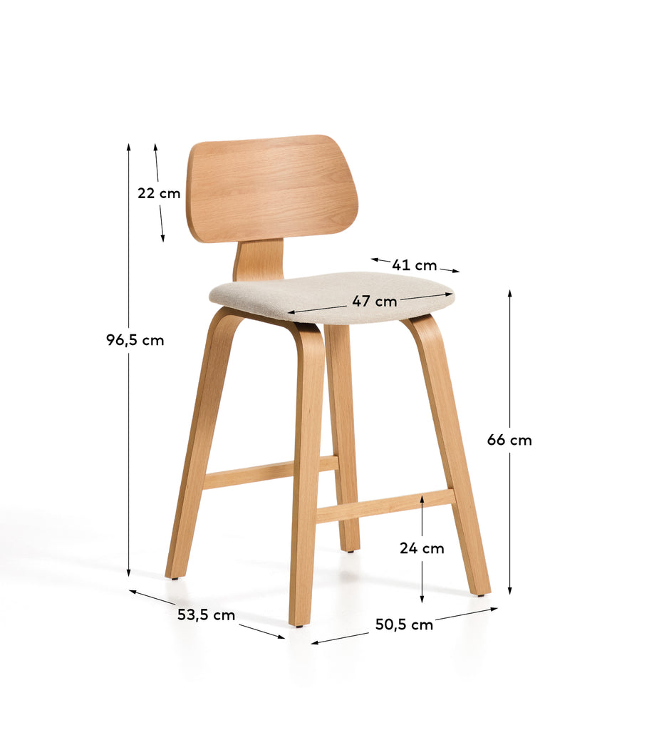 Gena stool in oak veneer and beige chenille 65cm