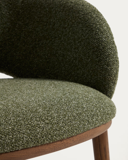 Maina chair in thick green chenille with solid ash wood legs and a walnut-tone finish, FSC Mix Credit