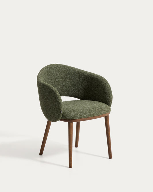 Maina chair in thick green chenille with solid ash wood legs and a walnut-tone finish, FSC Mix Credit