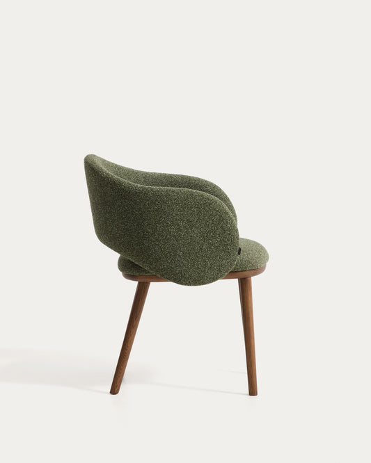 Maina chair in thick green chenille with solid ash wood legs and a walnut-tone finish, FSC Mix Credit