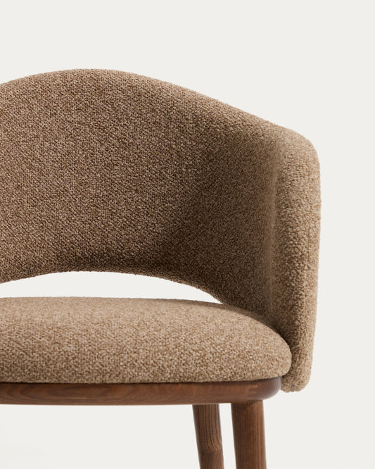 Maina chair in thick brown chenille with solid ash wood legs and a walnut-tone finish, FSC Mix Credit