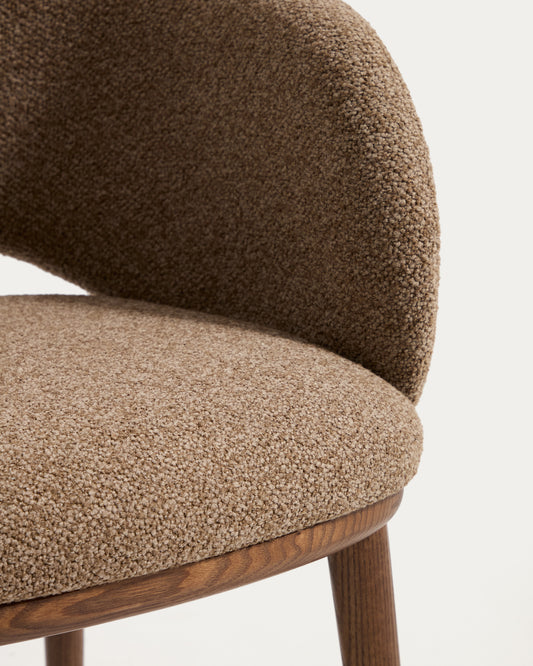 Maina chair in thick brown chenille with solid ash wood legs and a walnut-tone finish, FSC Mix Credit